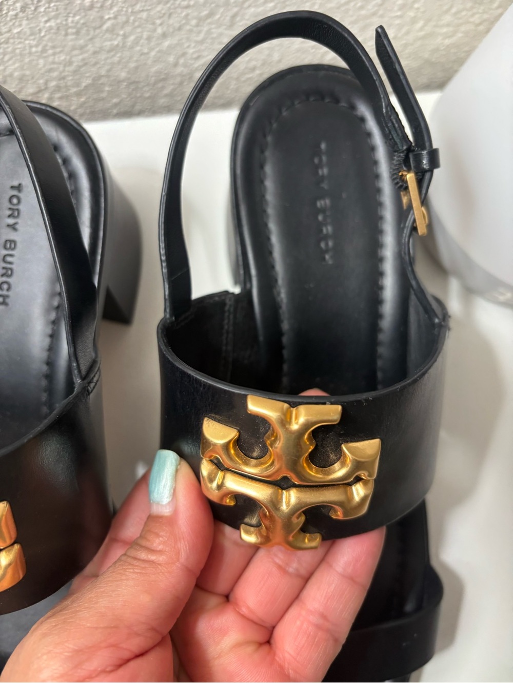 Tory Burch Black Leather Slingback Sandals with Gold Logo Medallions - Picture 4 of 6